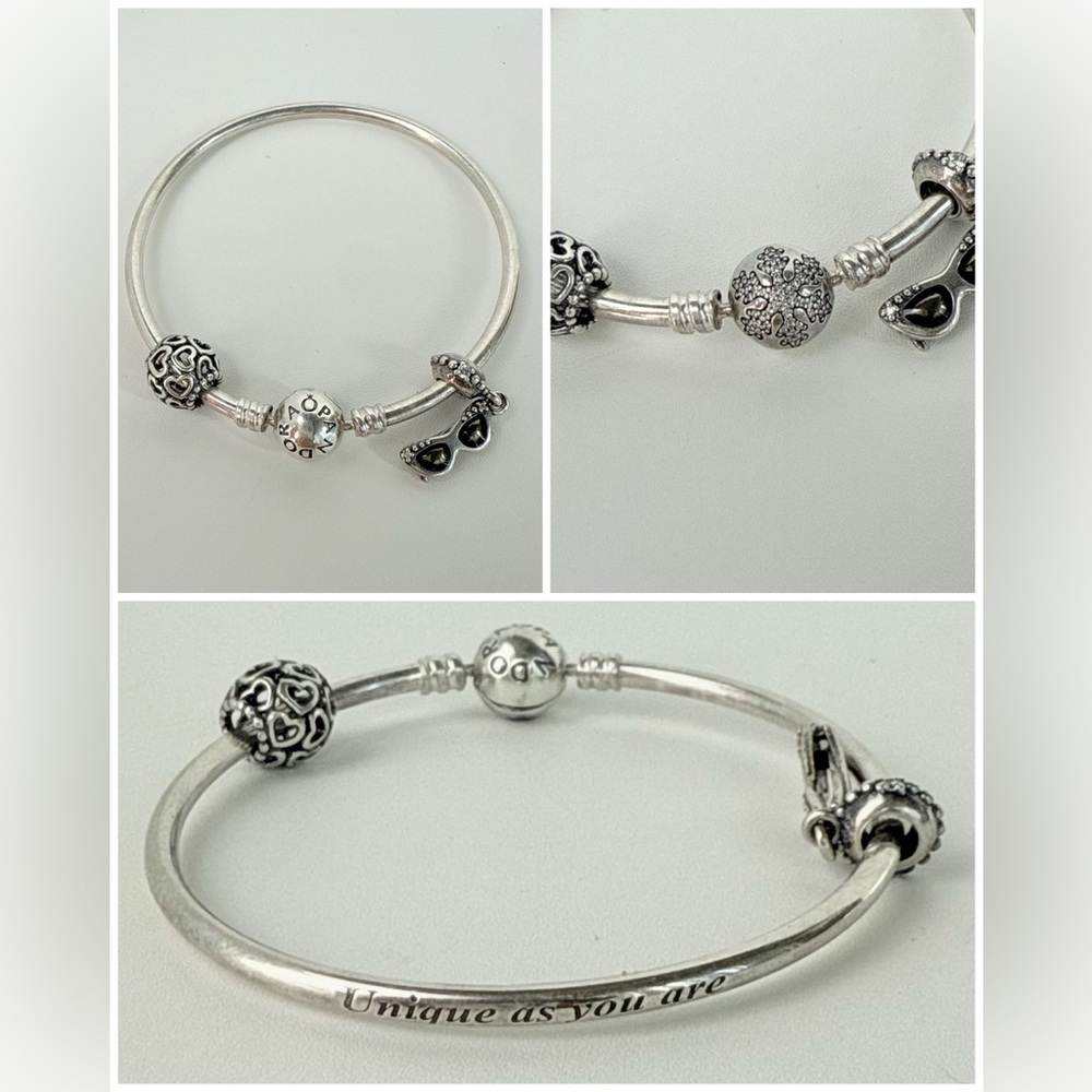 Pandora “Unique As You Are” Bangle w/ Snowflake, Heart & Sunglasses‎ Charms 925